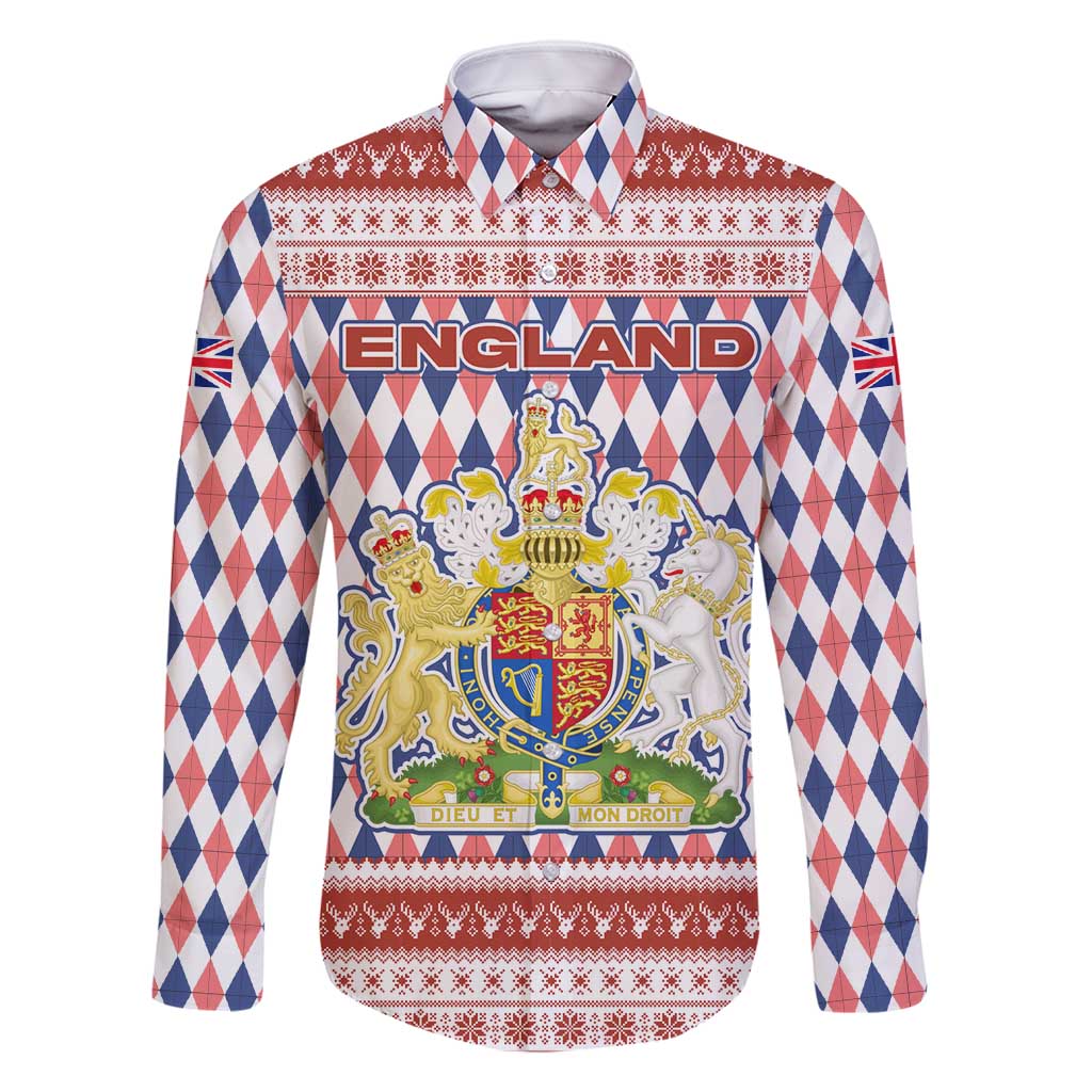England Christmas Family Matching Off Shoulder Short Dress and Hawaiian Shirt with Red Blue White Diamond Pattern Santa and Coat of Arms - Wonder Print Shop