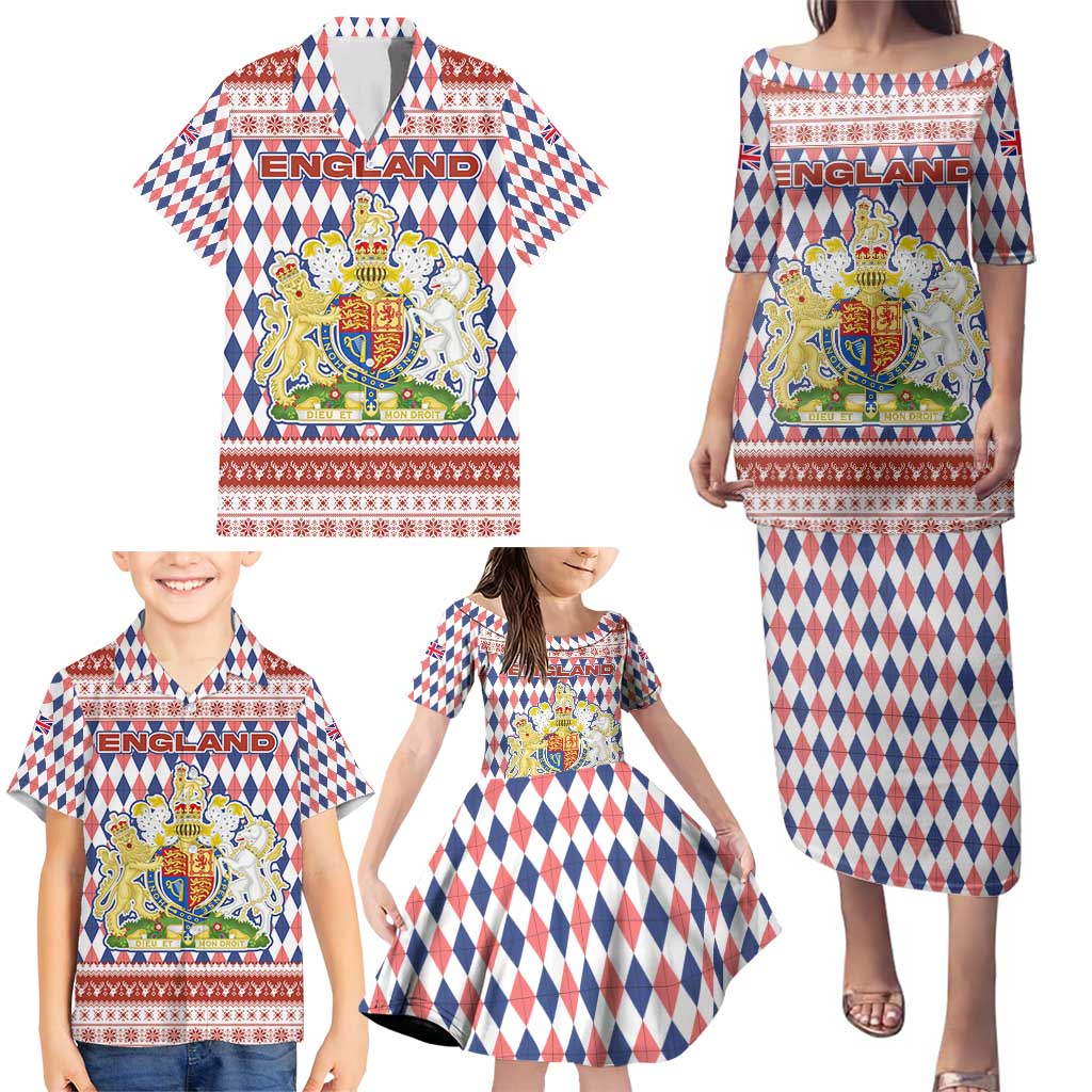 England Christmas Family Matching Puletasi and Hawaiian Shirt with Red Blue White Diamond Pattern Santa and Coat of Arms - Wonder Print Shop