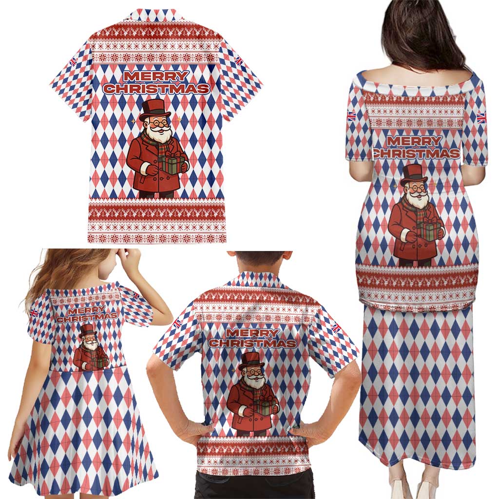 England Christmas Family Matching Puletasi and Hawaiian Shirt with Red Blue White Diamond Pattern Santa and Coat of Arms - Wonder Print Shop