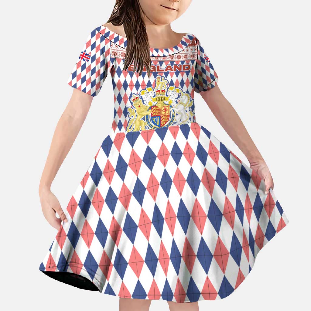 England Christmas Family Matching Short Sleeve Bodycon Dress and Hawaiian Shirt with Red Blue White Diamond Pattern Santa and Coat of Arms - Wonder Print Shop