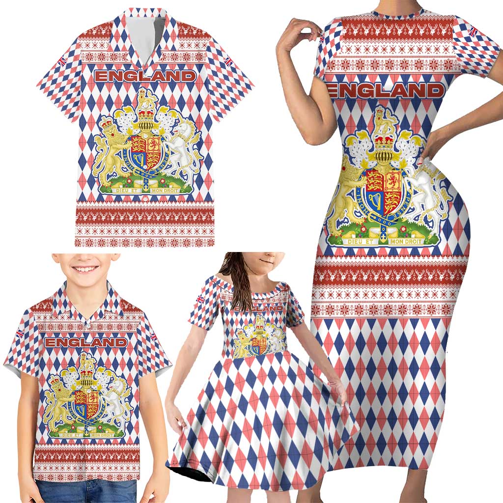 England Christmas Family Matching Short Sleeve Bodycon Dress and Hawaiian Shirt with Red Blue White Diamond Pattern Santa and Coat of Arms - Wonder Print Shop