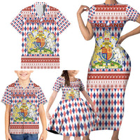 England Christmas Family Matching Short Sleeve Bodycon Dress and Hawaiian Shirt with Red Blue White Diamond Pattern Santa and Coat of Arms - Wonder Print Shop