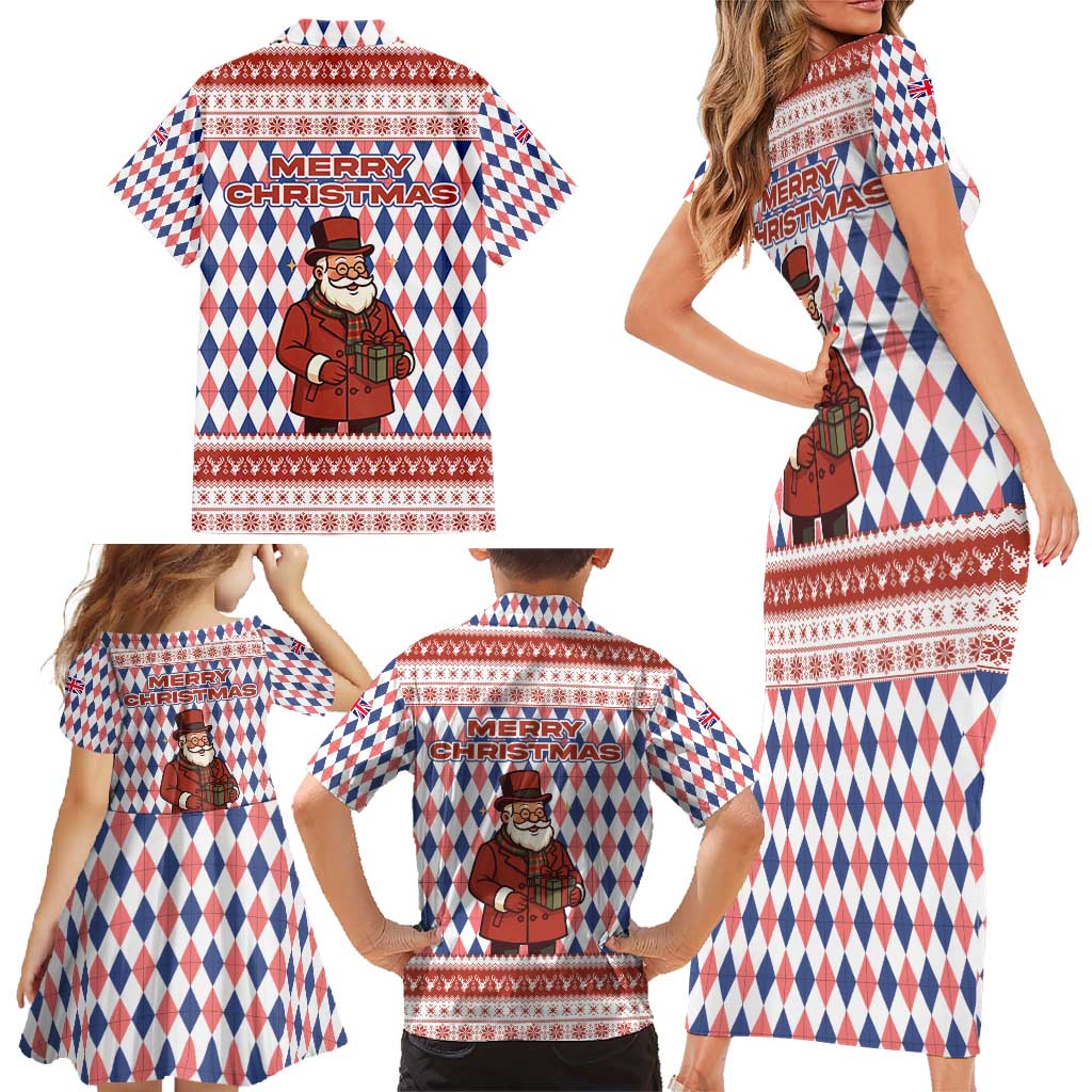 England Christmas Family Matching Short Sleeve Bodycon Dress and Hawaiian Shirt with Red Blue White Diamond Pattern Santa and Coat of Arms - Wonder Print Shop