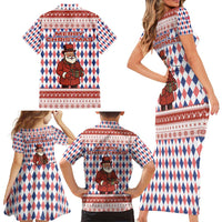 England Christmas Family Matching Short Sleeve Bodycon Dress and Hawaiian Shirt with Red Blue White Diamond Pattern Santa and Coat of Arms - Wonder Print Shop