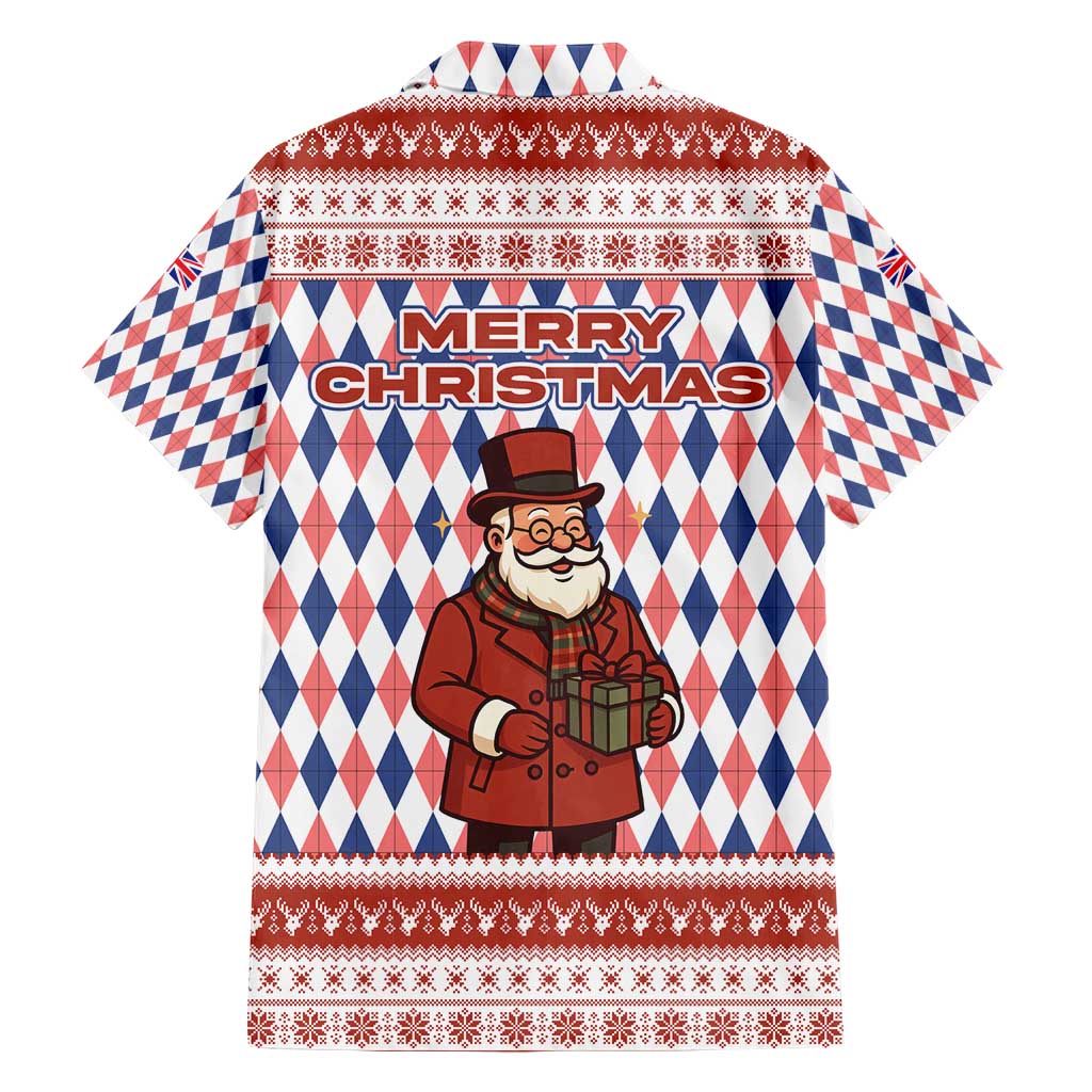 England Christmas Family Matching Short Sleeve Bodycon Dress and Hawaiian Shirt with Red Blue White Diamond Pattern Santa and Coat of Arms - Wonder Print Shop