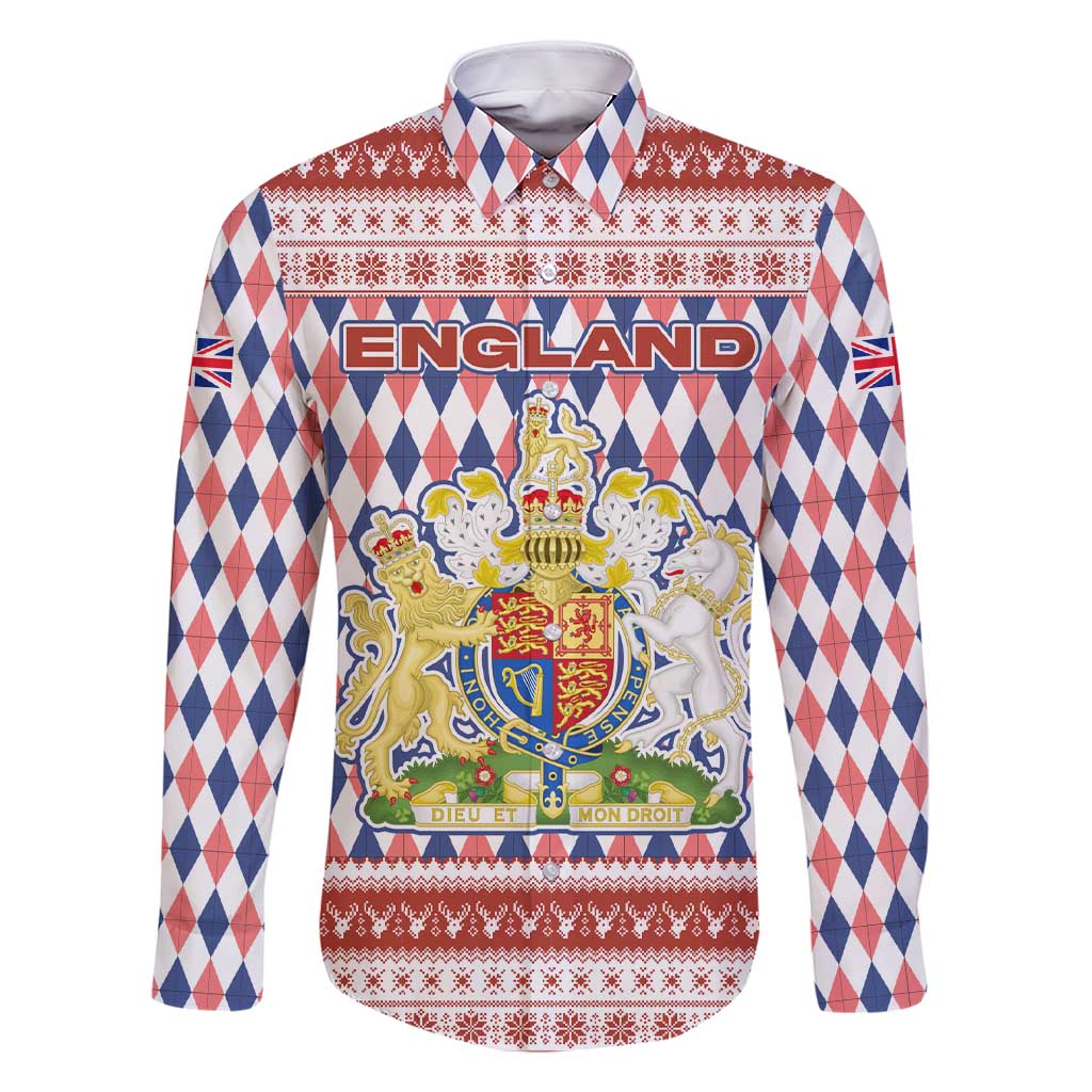 England Christmas Family Matching Short Sleeve Bodycon Dress and Hawaiian Shirt with Red Blue White Diamond Pattern Santa and Coat of Arms - Wonder Print Shop
