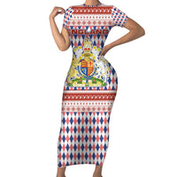 England Christmas Family Matching Short Sleeve Bodycon Dress and Hawaiian Shirt with Red Blue White Diamond Pattern Santa and Coat of Arms - Wonder Print Shop