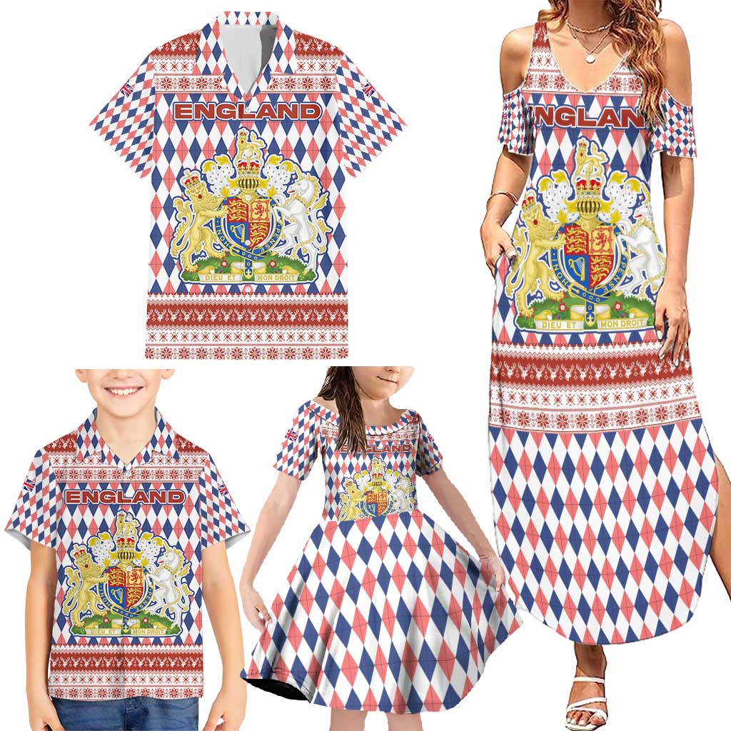 England Christmas Family Matching Summer Maxi Dress and Hawaiian Shirt with Red Blue White Diamond Pattern Santa and Coat of Arms - Wonder Print Shop