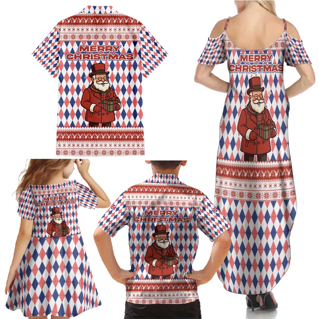 England Christmas Family Matching Summer Maxi Dress and Hawaiian Shirt with Red Blue White Diamond Pattern Santa and Coat of Arms - Wonder Print Shop