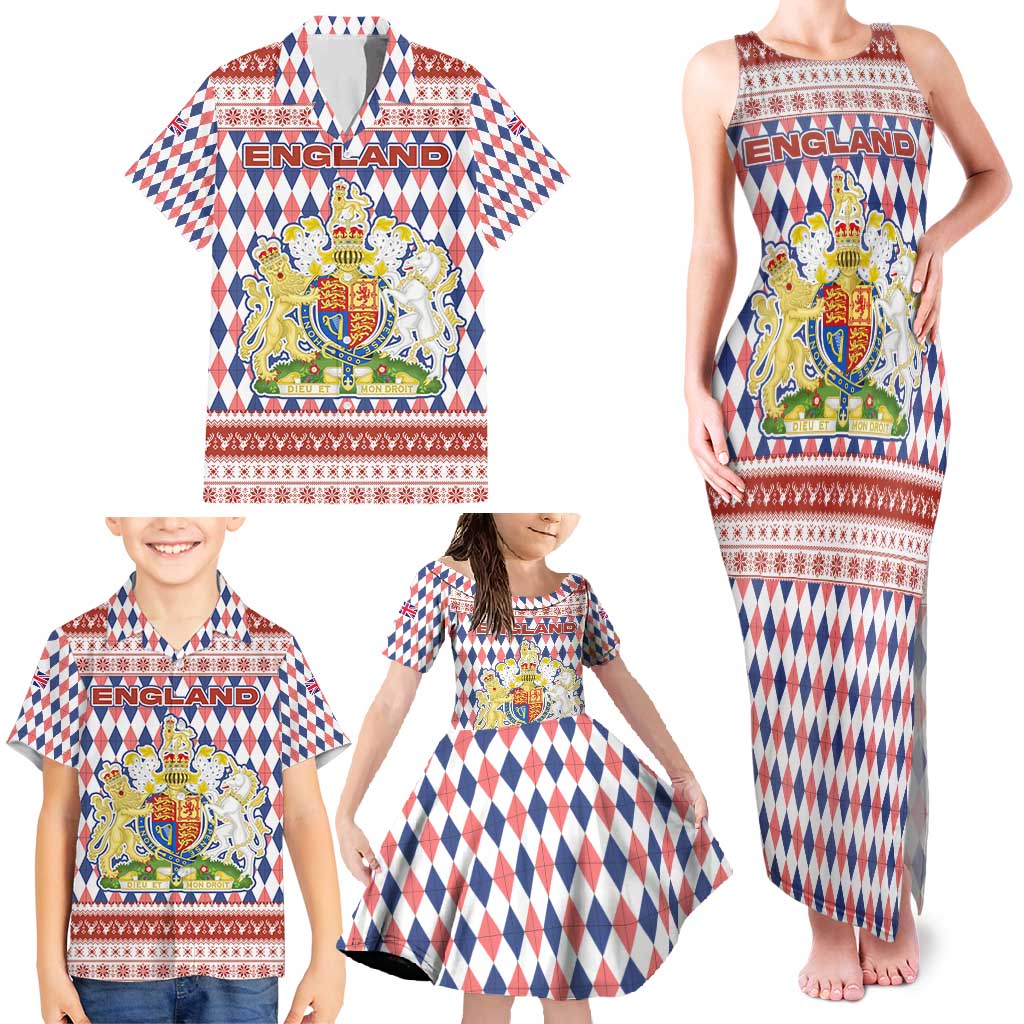 England Christmas Family Matching Tank Maxi Dress and Hawaiian Shirt with Red Blue White Diamond Pattern Santa and Coat of Arms - Wonder Print Shop