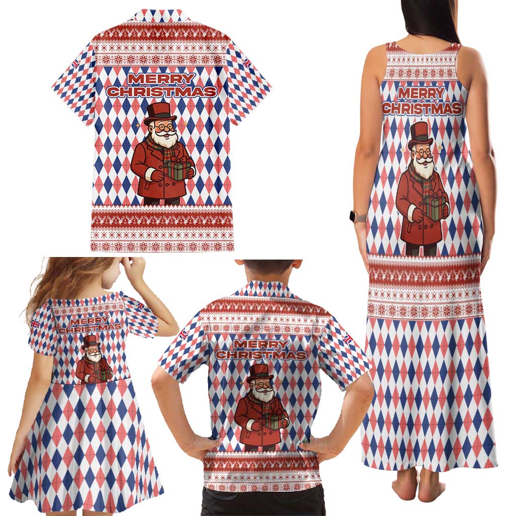 England Christmas Family Matching Tank Maxi Dress and Hawaiian Shirt with Red Blue White Diamond Pattern Santa and Coat of Arms - Wonder Print Shop