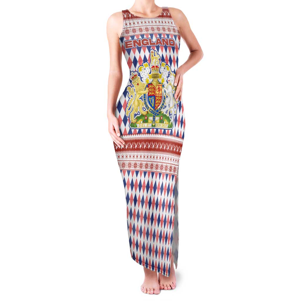 England Christmas Family Matching Tank Maxi Dress and Hawaiian Shirt with Red Blue White Diamond Pattern Santa and Coat of Arms - Wonder Print Shop