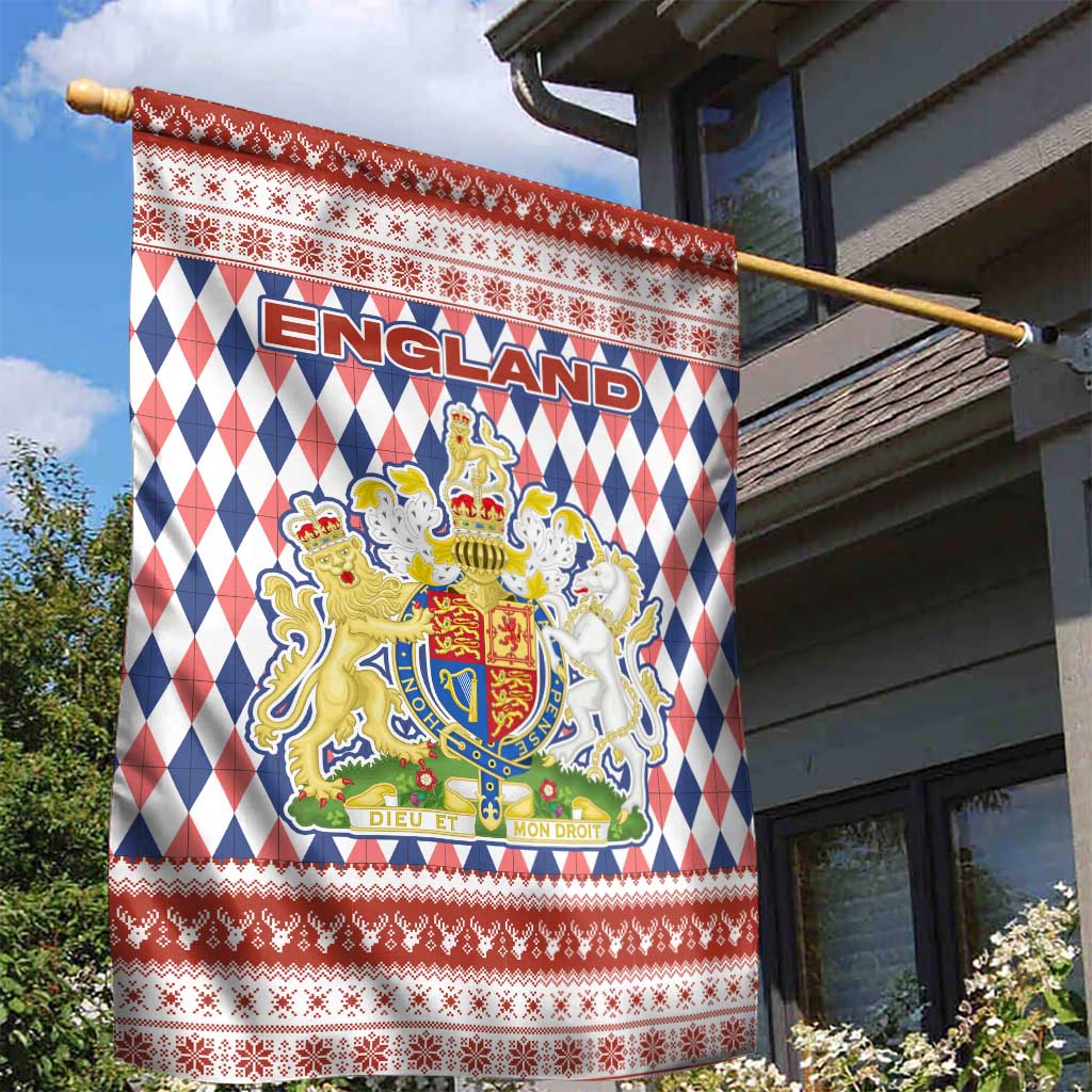England Christmas Garden Flag with Red Blue White Diamond Pattern Santa and Coat of Arms - Wonder Print Shop