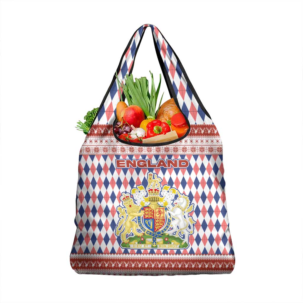 England Christmas Grocery Bag with Red Blue White Diamond Pattern Santa and Coat of Arms - Wonder Print Shop