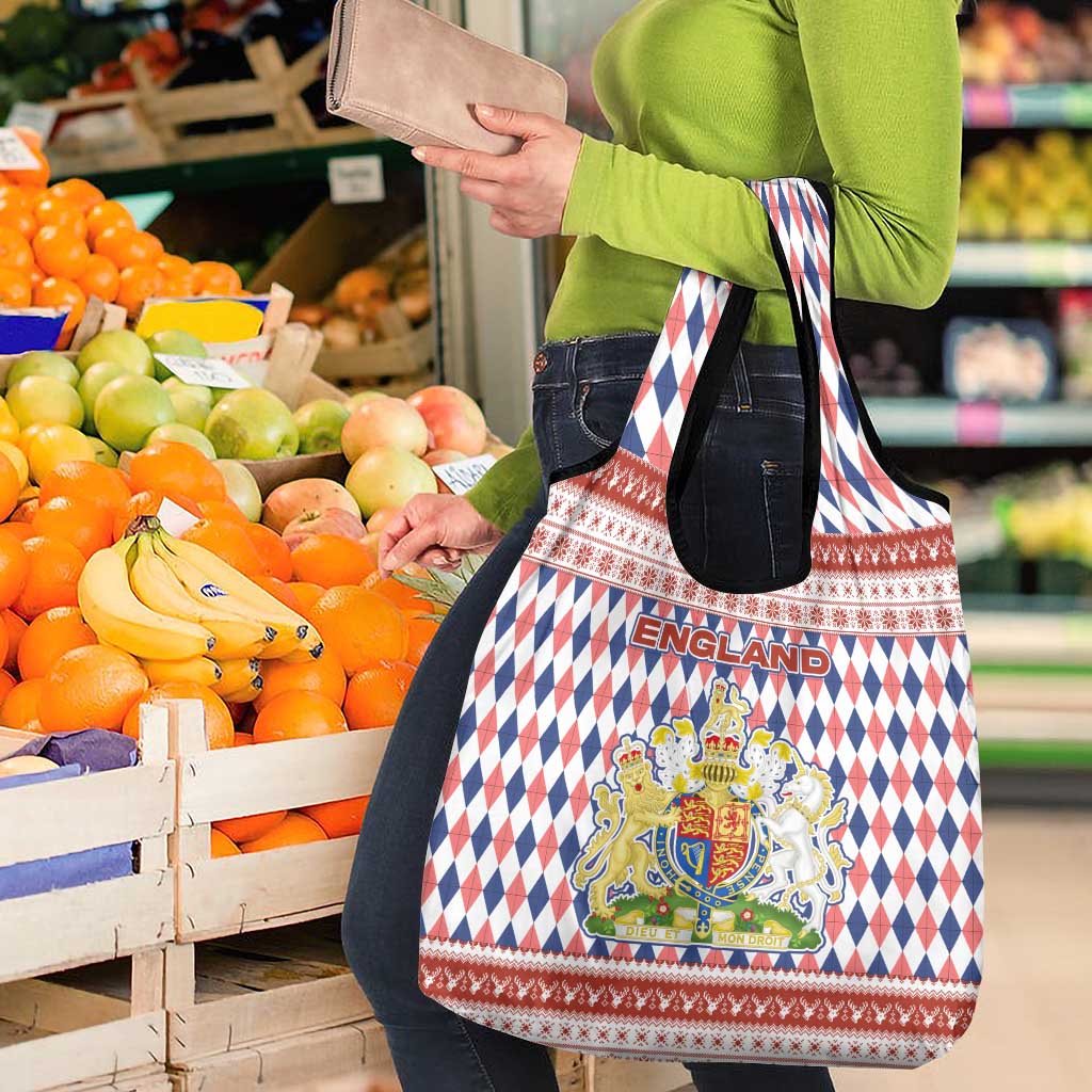 England Christmas Grocery Bag with Red Blue White Diamond Pattern Santa and Coat of Arms - Wonder Print Shop