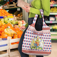 England Christmas Grocery Bag with Red Blue White Diamond Pattern Santa and Coat of Arms - Wonder Print Shop