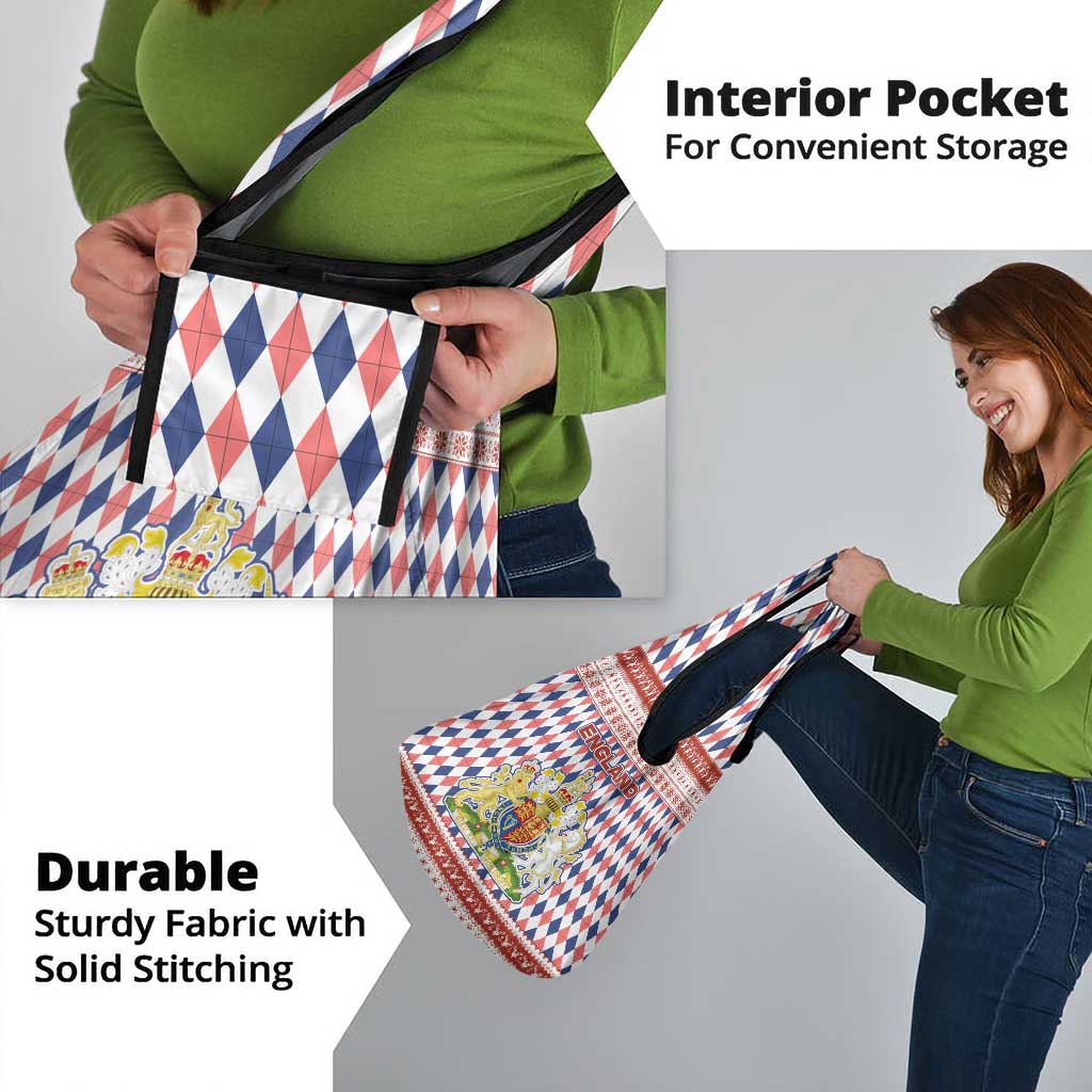 England Christmas Grocery Bag with Red Blue White Diamond Pattern Santa and Coat of Arms - Wonder Print Shop