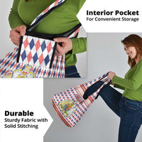 England Christmas Grocery Bag with Red Blue White Diamond Pattern Santa and Coat of Arms - Wonder Print Shop