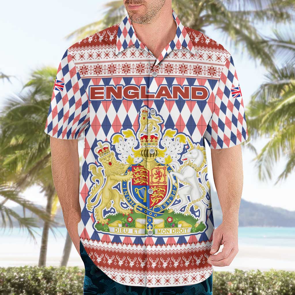 England Christmas Hawaiian Shirt with Red Blue White Diamond Pattern Santa and Coat of Arms - Wonder Print Shop