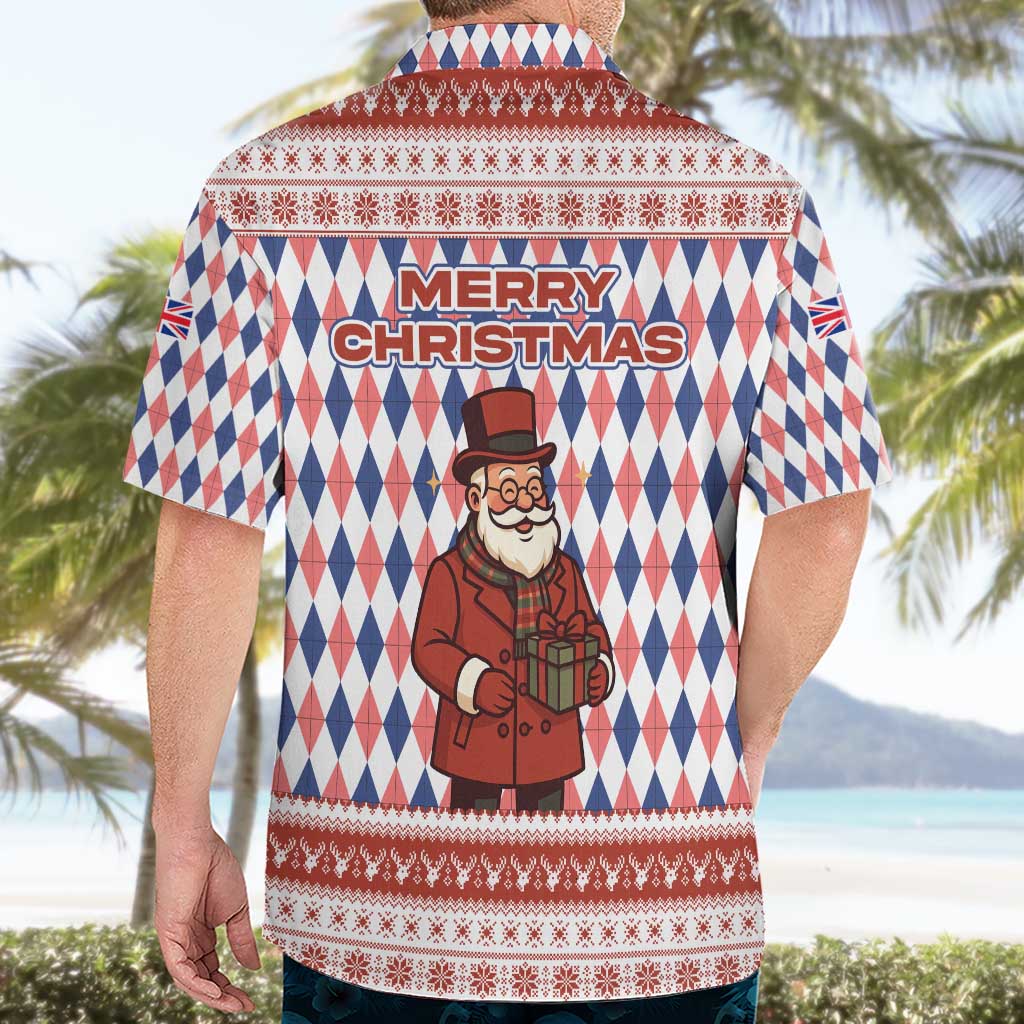 England Christmas Hawaiian Shirt with Red Blue White Diamond Pattern Santa and Coat of Arms - Wonder Print Shop
