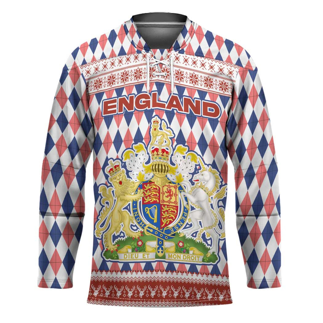 England Christmas Hockey Jersey with Red Blue White Diamond Pattern Santa and Coat of Arms - Wonder Print Shop