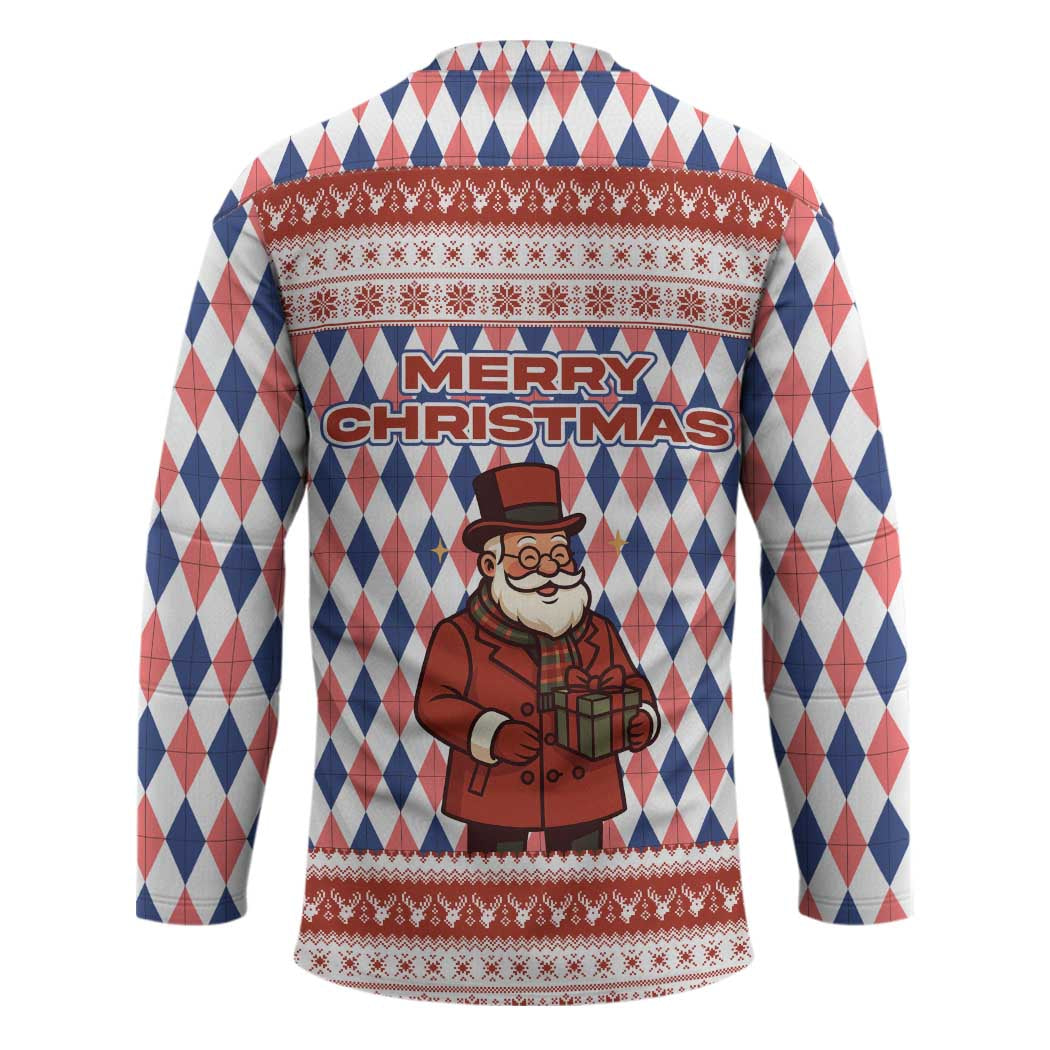 England Christmas Hockey Jersey with Red Blue White Diamond Pattern Santa and Coat of Arms - Wonder Print Shop