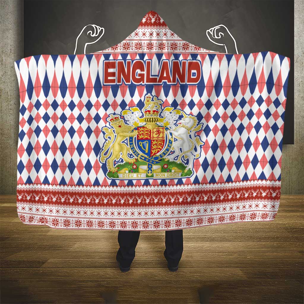 England Christmas Hooded Blanket with Red Blue White Diamond Pattern Santa and Coat of Arms - Wonder Print Shop