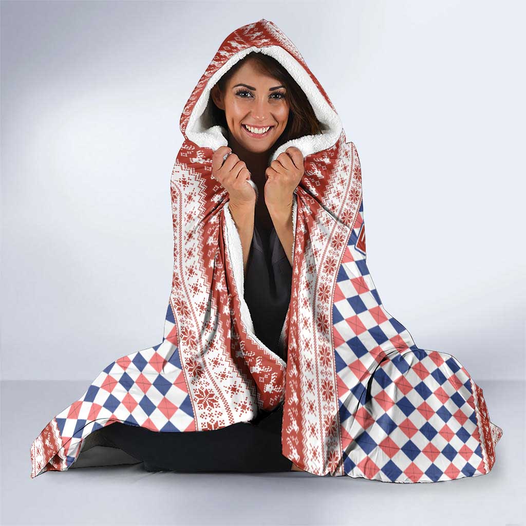 England Christmas Hooded Blanket with Red Blue White Diamond Pattern Santa and Coat of Arms - Wonder Print Shop