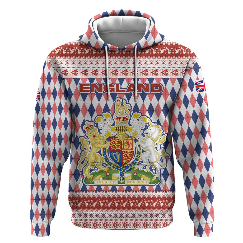 England Christmas Hoodie with Red Blue White Diamond Pattern Santa and Coat of Arms - Wonder Print Shop