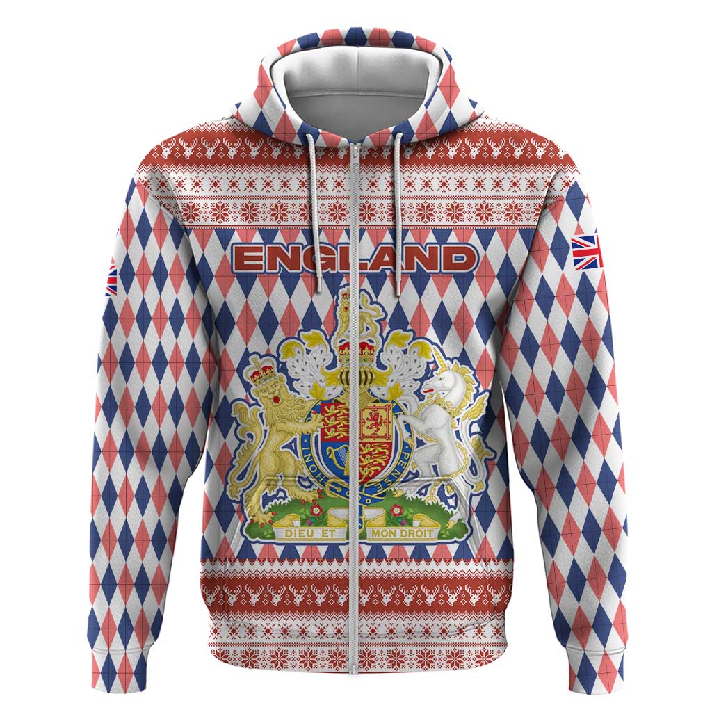 England Christmas Hoodie with Red Blue White Diamond Pattern Santa and Coat of Arms - Wonder Print Shop