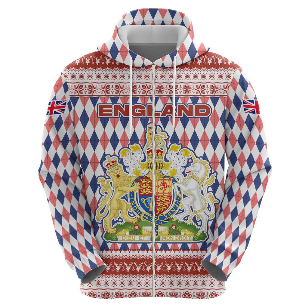 England Christmas Hoodie with Red Blue White Diamond Pattern Santa and Coat of Arms - Wonder Print Shop