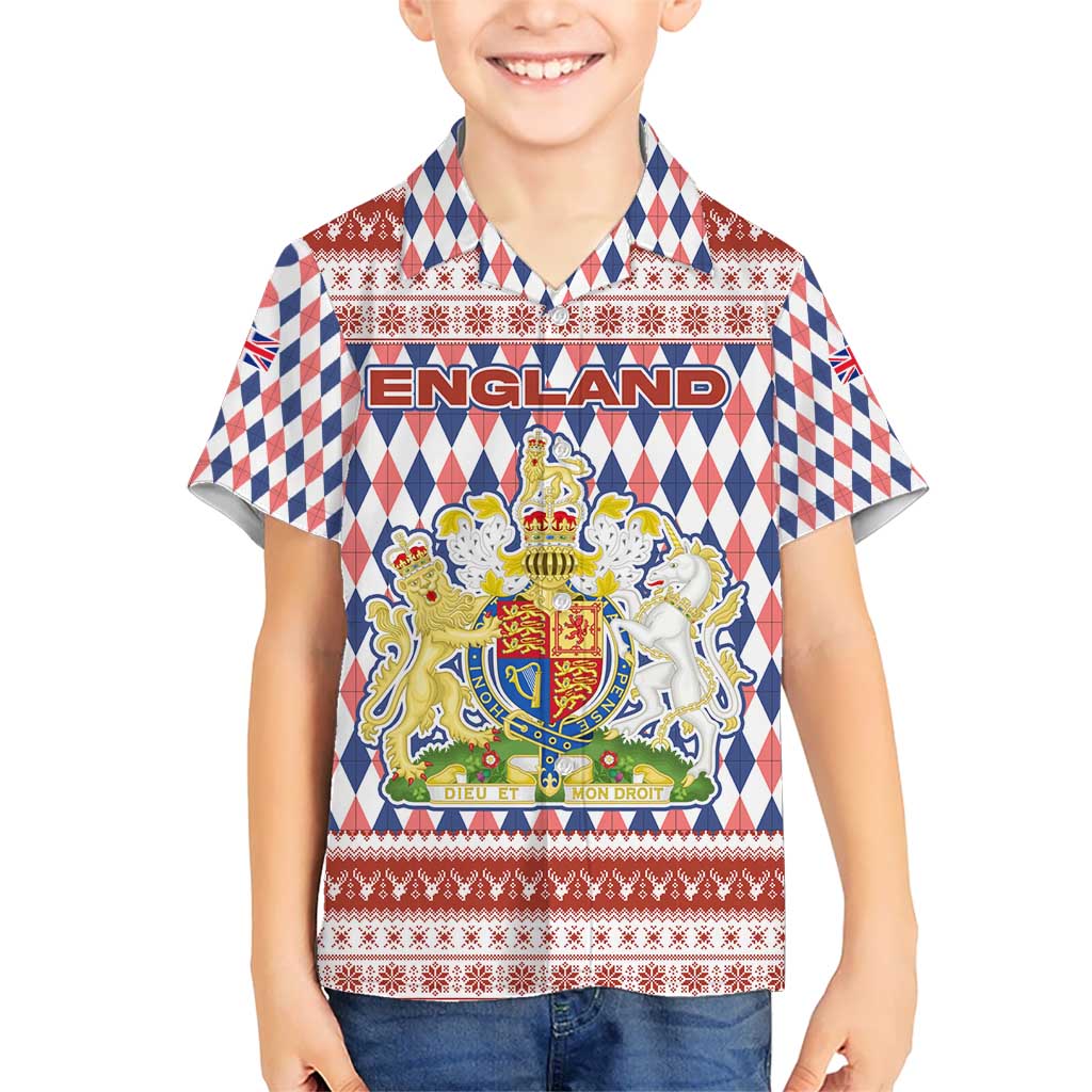 England Christmas Kid Hawaiian Shirt with Red Blue White Diamond Pattern Santa and Coat of Arms - Wonder Print Shop