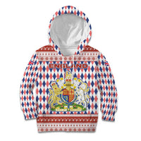 England Christmas Kid Hoodie with Red Blue White Diamond Pattern Santa and Coat of Arms - Wonder Print Shop