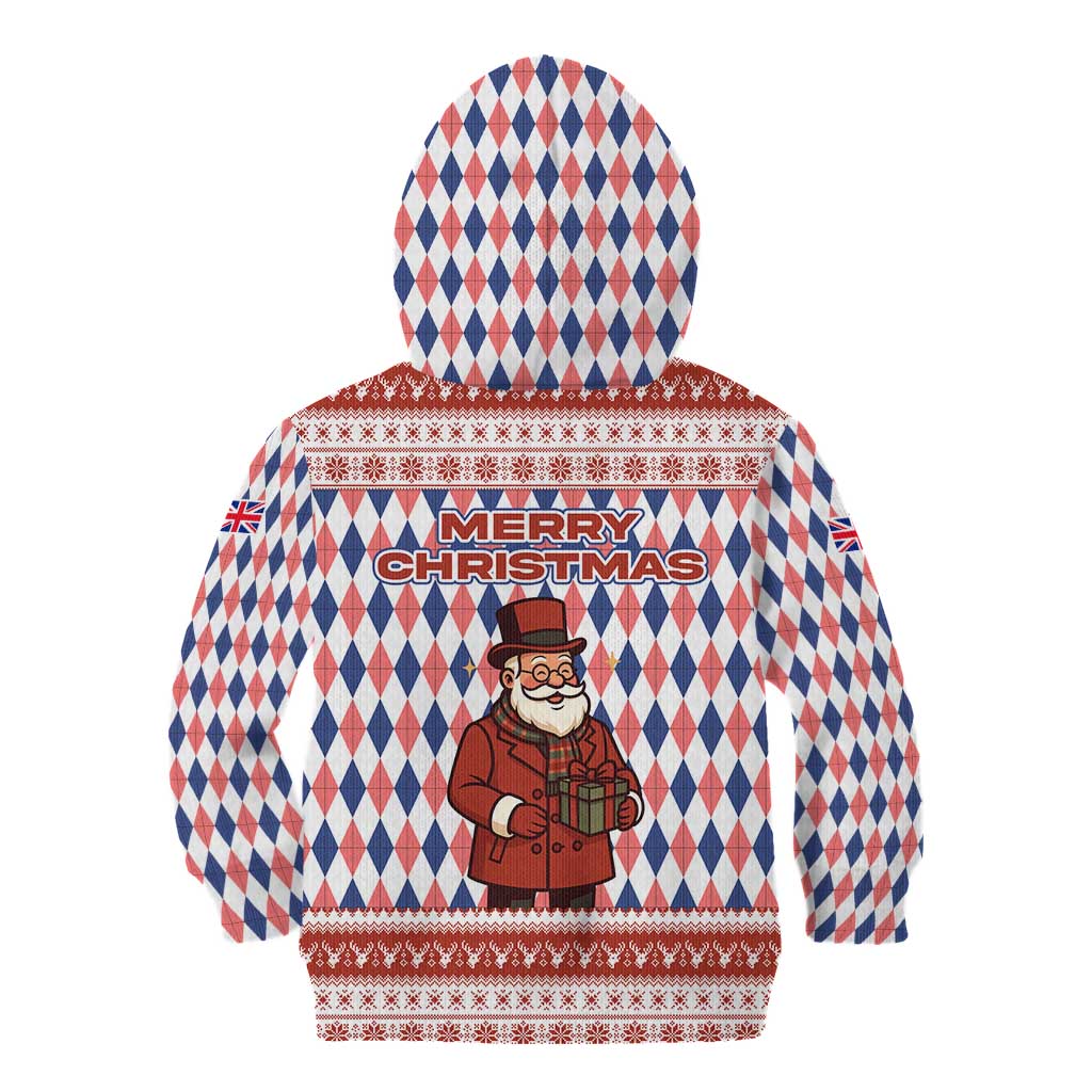 England Christmas Kid Hoodie with Red Blue White Diamond Pattern Santa and Coat of Arms - Wonder Print Shop