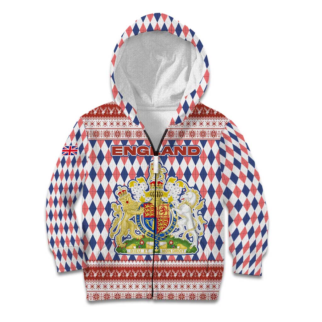 England Christmas Kid Hoodie with Red Blue White Diamond Pattern Santa and Coat of Arms - Wonder Print Shop