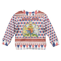 England Christmas Kid Ugly Christmas Sweater with Red Blue White Diamond Pattern Santa and Coat of Arms - Wonder Print Shop