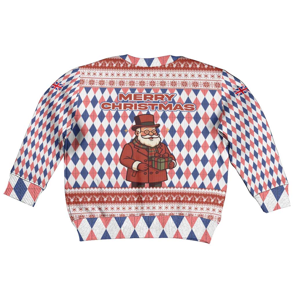 England Christmas Kid Ugly Christmas Sweater with Red Blue White Diamond Pattern Santa and Coat of Arms - Wonder Print Shop