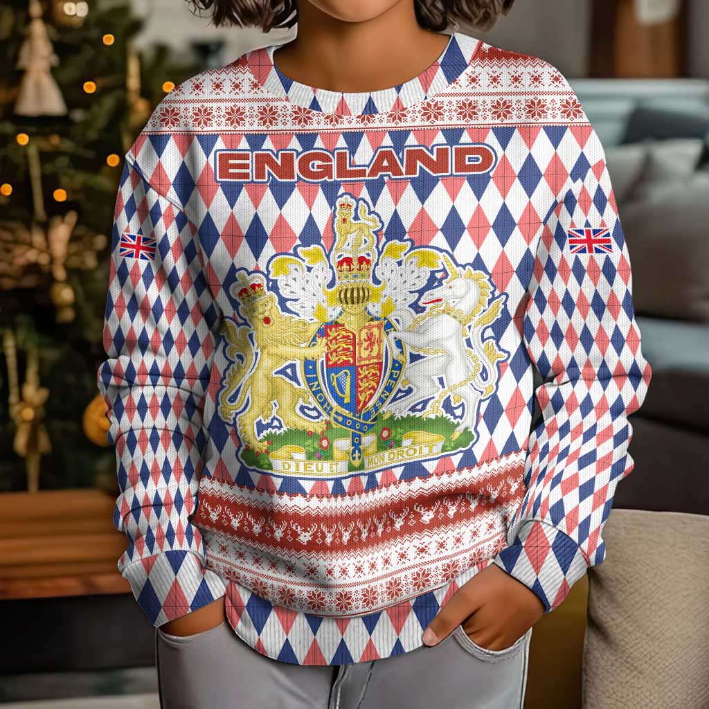 England Christmas Kid Ugly Christmas Sweater with Red Blue White Diamond Pattern Santa and Coat of Arms - Wonder Print Shop