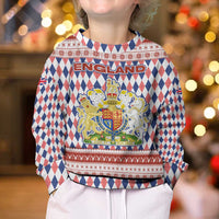 England Christmas Kid Ugly Christmas Sweater with Red Blue White Diamond Pattern Santa and Coat of Arms - Wonder Print Shop