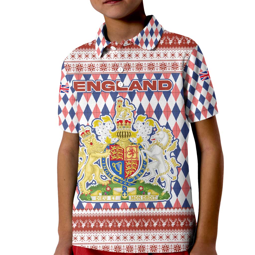 England Christmas Kid Polo Shirt with Red Blue White Diamond Pattern Santa and Coat of Arms - Wonder Print Shop