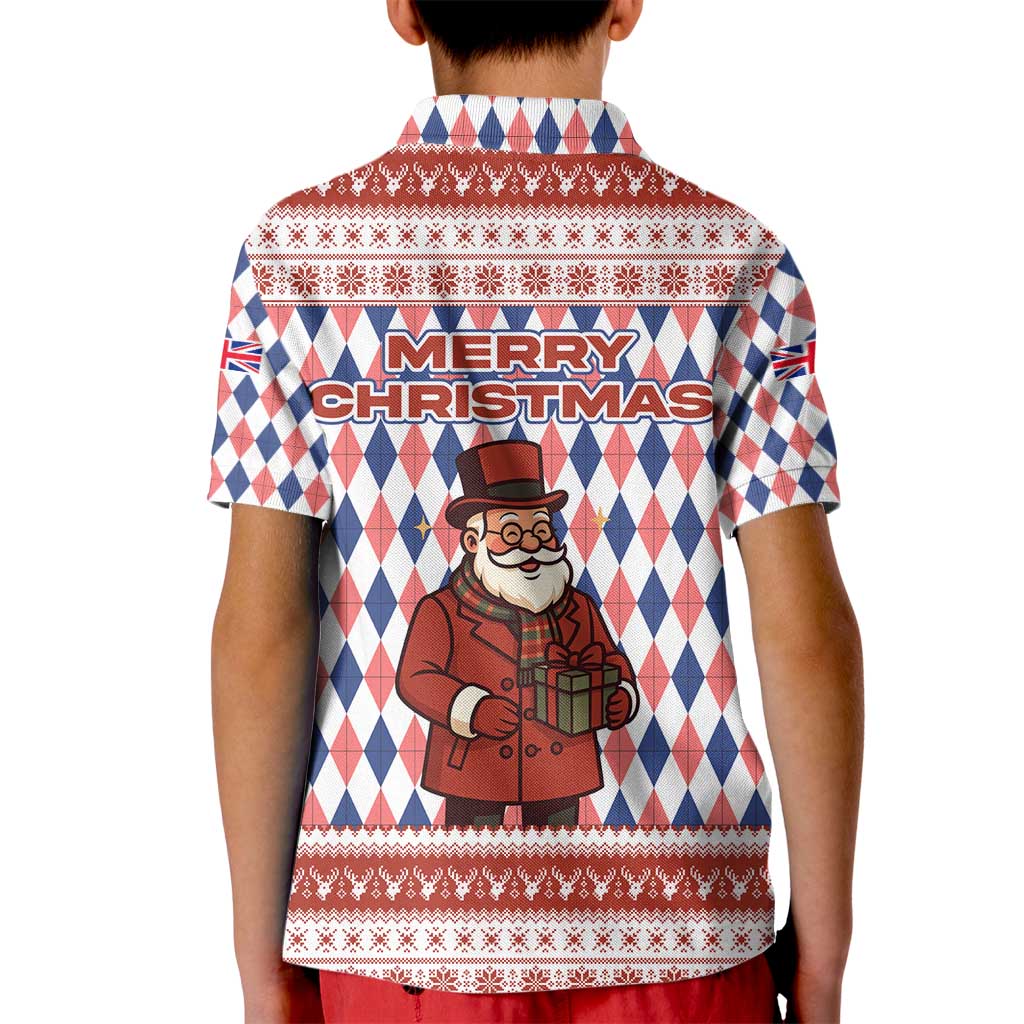 England Christmas Kid Polo Shirt with Red Blue White Diamond Pattern Santa and Coat of Arms - Wonder Print Shop