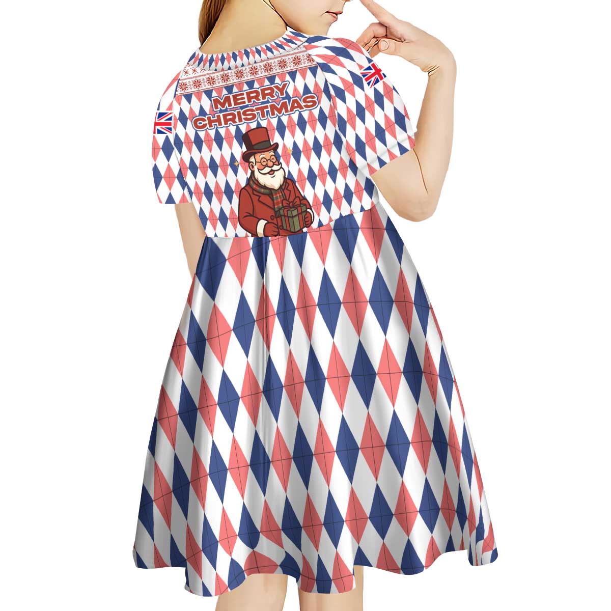 England Christmas Kid Short Sleeve Dress with Red Blue White Diamond Pattern Santa and Coat of Arms - Wonder Print Shop