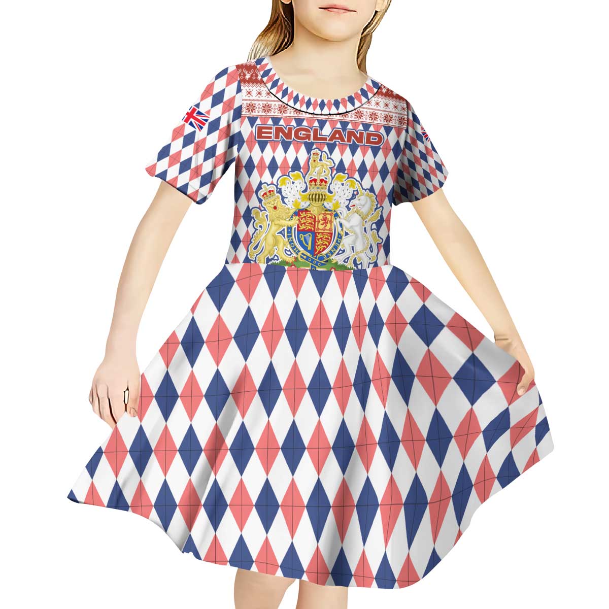 England Christmas Kid Short Sleeve Dress with Red Blue White Diamond Pattern Santa and Coat of Arms - Wonder Print Shop