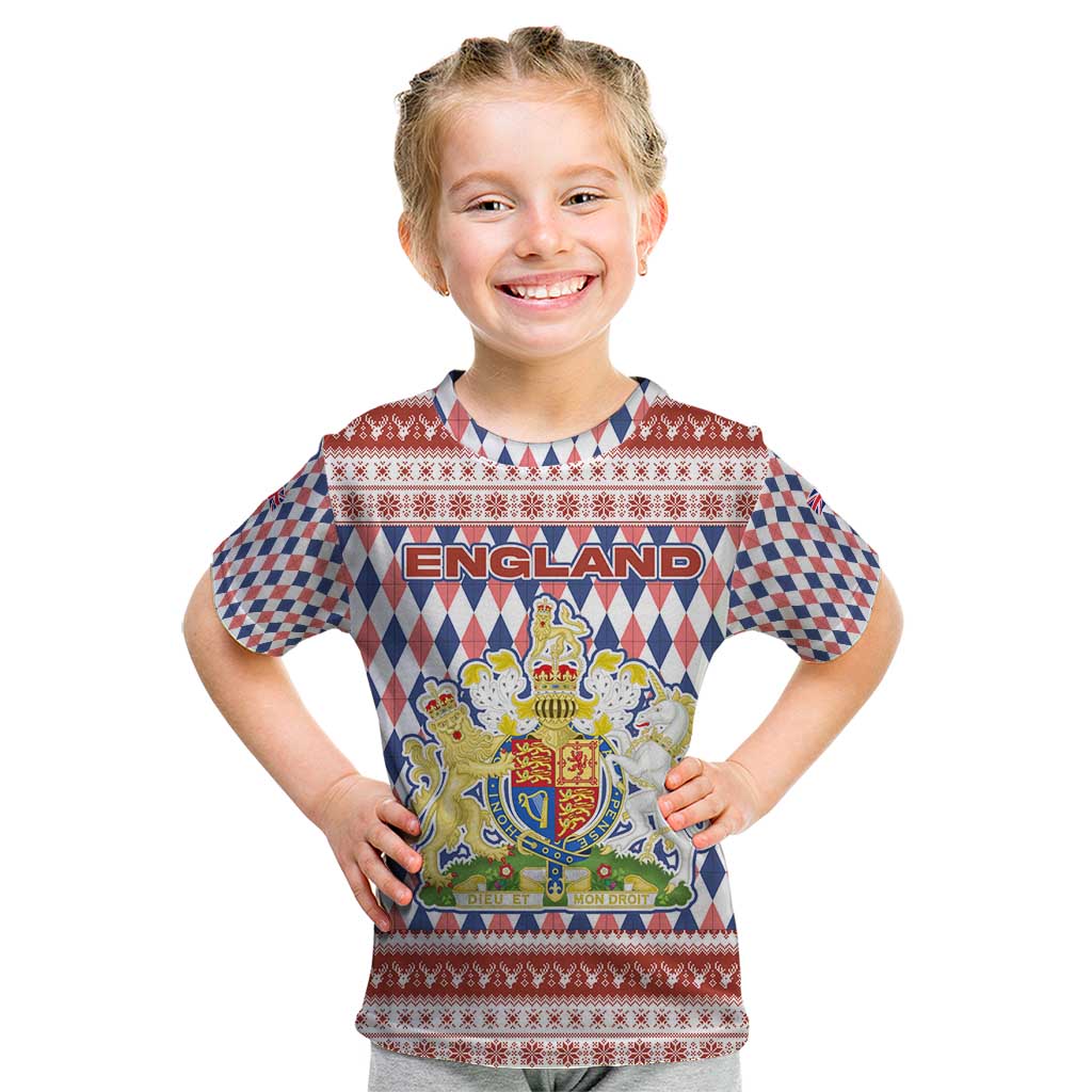 England Christmas Kid T Shirt with Red Blue White Diamond Pattern Santa and Coat of Arms - Wonder Print Shop