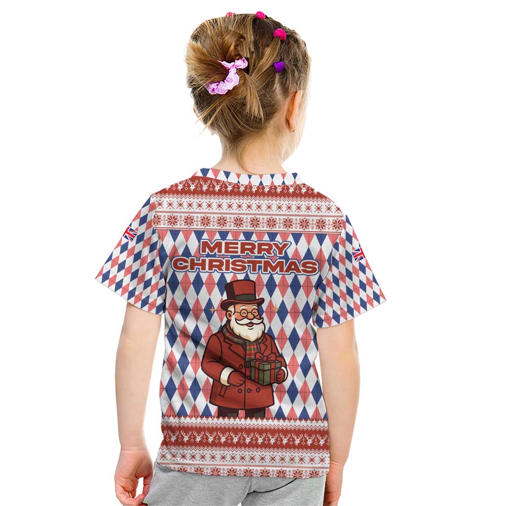 England Christmas Kid T Shirt with Red Blue White Diamond Pattern Santa and Coat of Arms - Wonder Print Shop