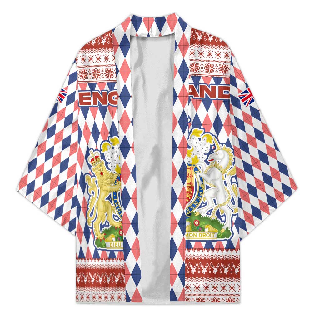 England Christmas Kimono with Red Blue White Diamond Pattern Santa and Coat of Arms - Wonder Print Shop