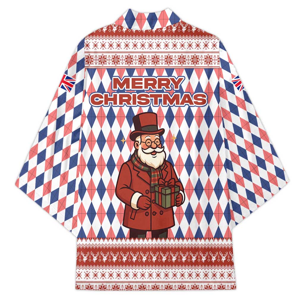 England Christmas Kimono with Red Blue White Diamond Pattern Santa and Coat of Arms - Wonder Print Shop