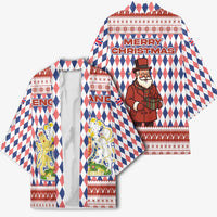 England Christmas Kimono with Red Blue White Diamond Pattern Santa and Coat of Arms - Wonder Print Shop