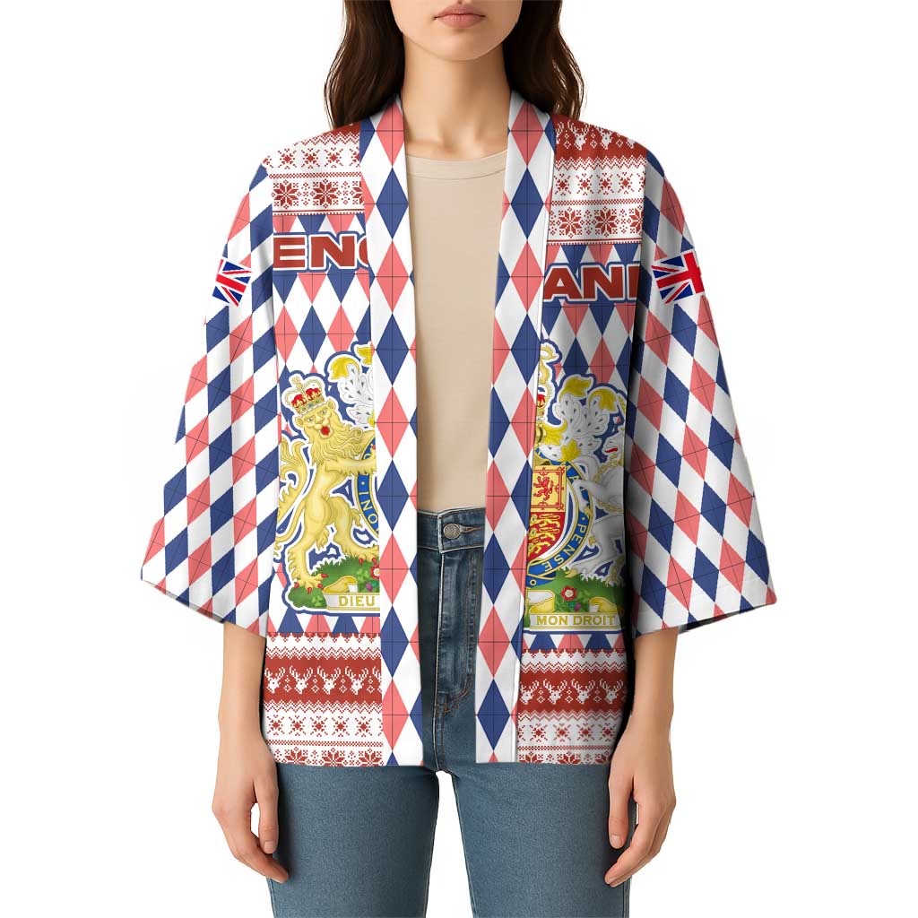 England Christmas Kimono with Red Blue White Diamond Pattern Santa and Coat of Arms - Wonder Print Shop