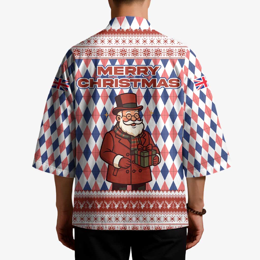 England Christmas Kimono with Red Blue White Diamond Pattern Santa and Coat of Arms - Wonder Print Shop